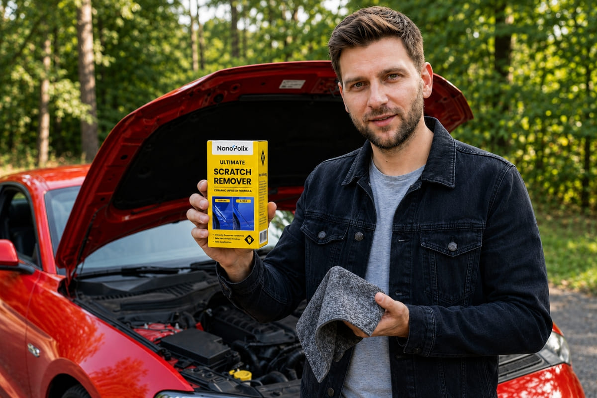 Man met NanoPolix Prism Valley doek voor auto